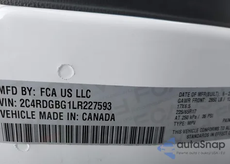 2020 Dodge Grand Caravan Se Plus из США, поврежденный, VIN 2C4RDGBG1LR227593